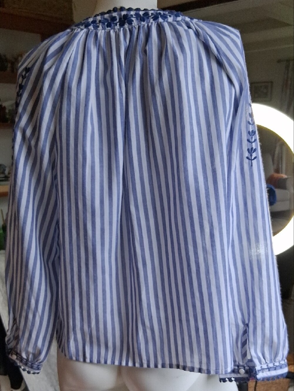 Gryfflin Paris Striped Blue & White Tie-Front Peasant Top L - Picture 3 of 3